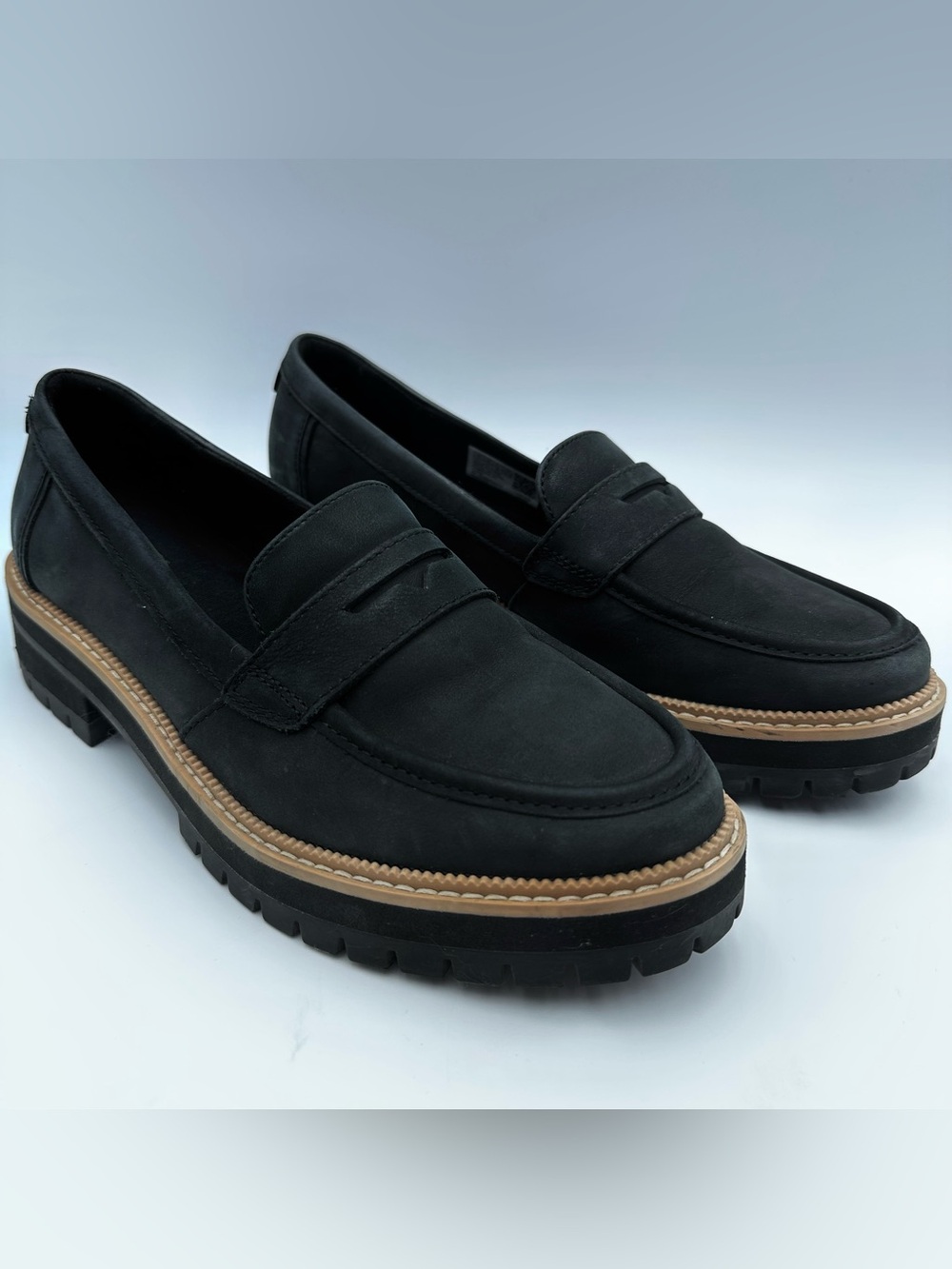 Tom's Cara Black Nubuck Penny Loafers with Tan Welt